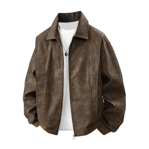 Men Retro PU Leather Jacket Vintage Faux Suede Embroidered Back Bomber Coat Streetwear Zip Up Outerwear