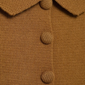 Short sleeve brown knit cardigan with sweet doll collar and round buttons for women