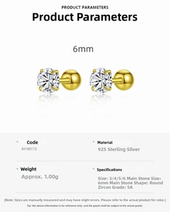 Detail view of 6mm round 5A zircon stud earring in gold finish with S925 silver stamp