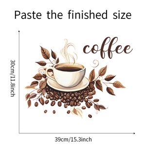 Detailed dimension guide for coffee cup wall decal showing finished size 39x30cm