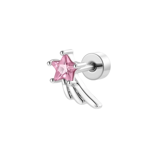 Star-shaped zircon ear stud featuring a pink crystal wing and silver shooting star design