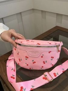 Chic pink crossbody bag with red cherry prints and adjustable shoulder strap for women