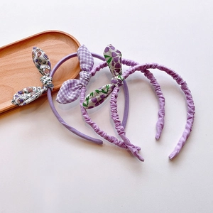 Set of three purple floral and gingham bunny ear headbands for little girls