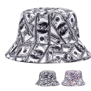 Fashion Acrylic Money Print Bucket Hat Unisex Outdoor Sun Protection Summer Banknote Pattern Fisherman Hat Streetwear Cap