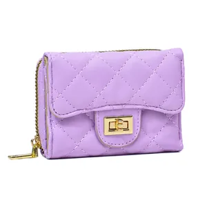 Women's Short Wallet PU Leather Quilted Rhombic Pattern Turn Lock Zippered Card Holder Elegant Korean Style For Girls