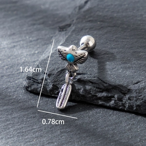 Stainless steel eagle stud with turquoise and feather pendant, measures 1.64cm long
