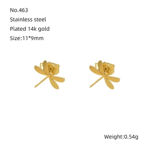 Minimalist 14k gold plated dragonfly stud earrings in stainless steel on white background