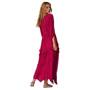 Deep pink long-sleeved dress with U-neck, ruffle lace splicing and layered split hem