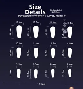 Detailed size chart for medium coffin press-on nails featuring 12 sizes and 24 pieces