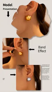 Polished gold and silver ball stud earrings shown in model display and detail shots