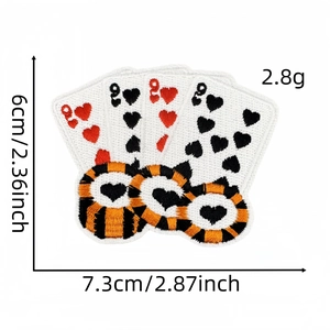 Detail of playing card embroidered patch with dimensions 6x7.3cm and tiger stripe hearts