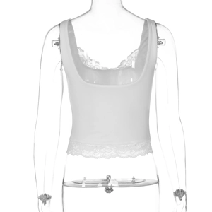 Vue arrière du caraco blanc avec bordure en dentelle sur mannequin, tissu lisse