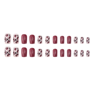 Short square press-on nails set featuring burgundy red and leopard print designs