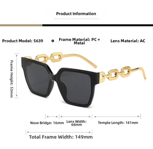 Detail view of square oversized sunglasses dimensions and metal chain temple design