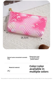 Detail view of pink gradient PU makeup bag with white patterns and size 18.5x12cm