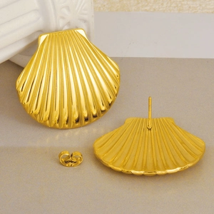 Minimalist 18k gold plated stainless steel shell stud earrings shown in multiple angles