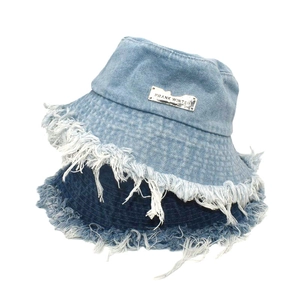 Denim Bucket Hat Frayed Edge Washed Cotton Sun Protection Retro Streetwear For Women Men Metal Plate Decor