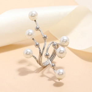 Fashion silver multi-layer pearl ring with geometric vine design on beige silk backdrop