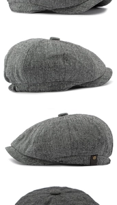Three perspectives showing the gray tweed texture and leather tag of this newsboy cap