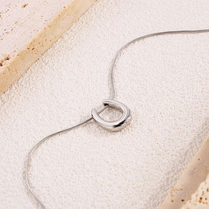 Detail shot of a silver horseshoe pendant on a fine snake chain over a textured stone base