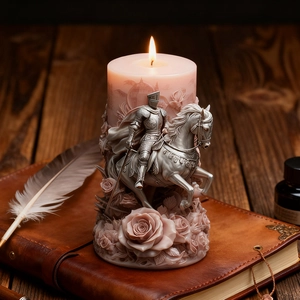 Détail de bougie sculptée montrant un chevalier à cheval avec des motifs de roses