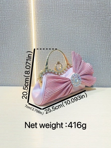 Pink satin evening clutch bag with crystal bow and gold handle, dimensions 25.5x20.5x7cm