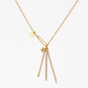 Gold stainless steel tassel necklace with star charm and sparkling rhinestones on white back