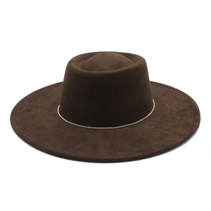 Chapeau Fedora Vintage À Bord Large Suédine Feutre Calotte Plate Avec Chaîne En Strass Femmes Style Britannique Rétro