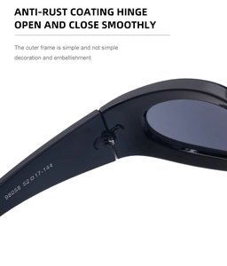 Close-up of rust-resistant metal hinge and Y2K cycling sunglasses frame details
