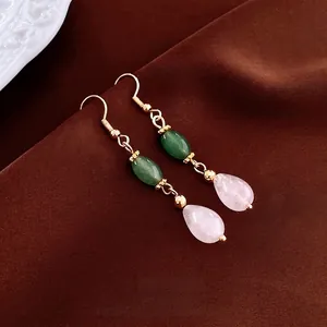 Retro Long Drop Earrings With Green Oval Glass Bead Pink Water Drop Glass Bead And Steel Earring Post For Women Gold Tone