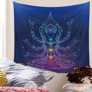 Detailed mandala tapestry with chakra design and meditating silhouette for yoga room