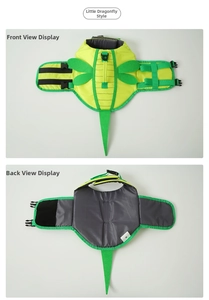 Détail du gilet de sauvetage libellule verte pour chien avec poignée et boucles réglables