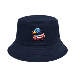 Close-up of the cotton canvas bucket hat featuring a colorful USA flag cartoon duck