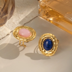 Retro gold adjustable open rings with natural lapis lazuli and pink stones for women