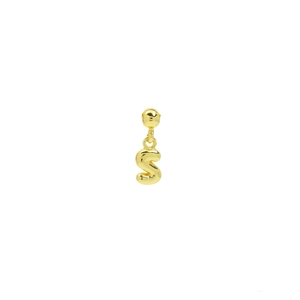 Detailed view of a 18k gold plated bubble letter S pendant with high polish finish