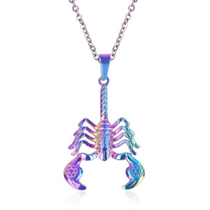 Detailed close-up of rainbow 18K gold stainless steel scorpion pendant with chain