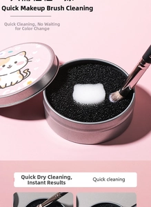 Quick dry cleaning sponge box for makeup brushes with cute cat pattern metal lid