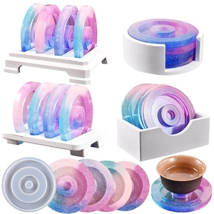 Epoxy resin coaster molds set with round storage base in blue and purple gradient
