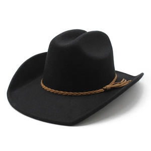 Classic black felt cowboy hat with a brown braided decorative band for men and women