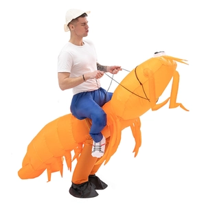 Detailed side view of orange inflatable lobster costume for adult Halloween parties