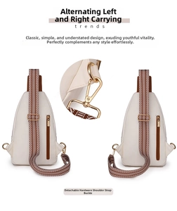 Detail of white leather chest bag showing gold hardware and detachable woven strap