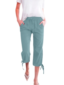 Women's light blue cotton linen cropped wide-leg pants with drawstring waist