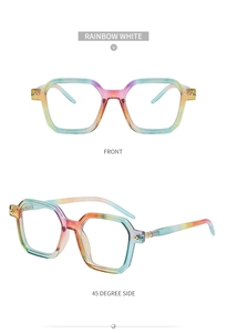 Close-up of square rainbow gradient sunglasses frames from front and side view angles