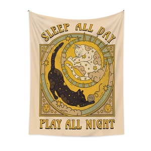 Bohemian black and white cat tapestry featuring sun and moon stars and sleep all day slogan