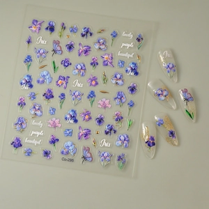 5D embossed purple iris flower nail stickers with gold edging and butterfly designs