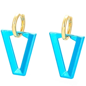 Blue trapezoid enamel earrings with gold circular clasps on a clean white background