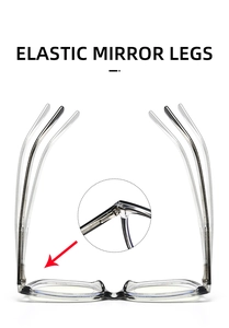 Detail of elastic mirror legs and metal hinges on transparent grey gradient frame