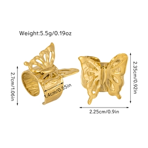 Detailed view of matte gold butterfly rings with dimensions and weight specifications
