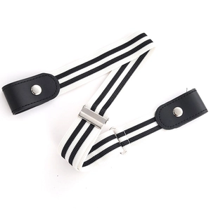 Close-up of buckless elastic belt with black and white stripes and metal snap button