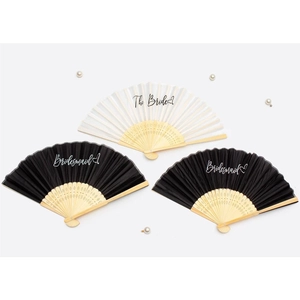White Bride and black Bridesmaid wooden folding fans for wedding bachelorette parties